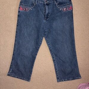 Y2K Fairycore Women’s Blue Denim Capris with Pink Embroidered Detail
